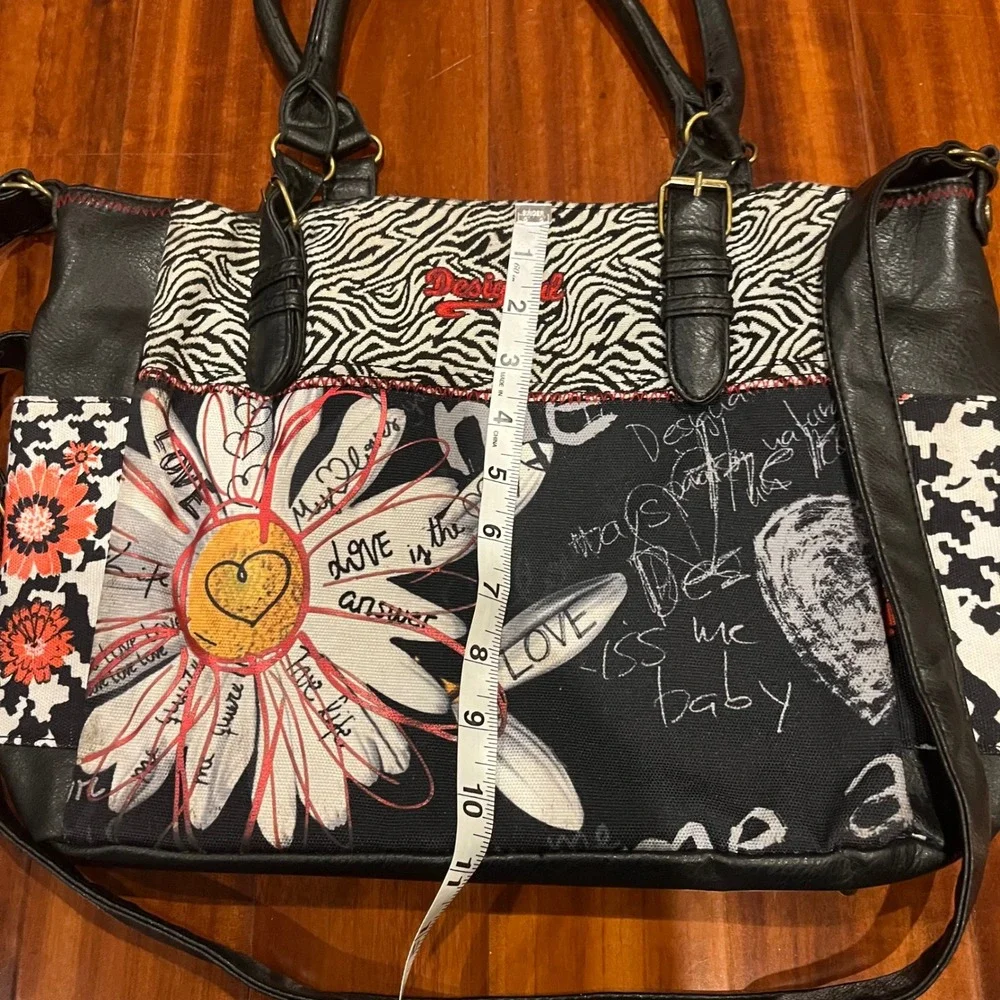 Desigual Tote‎ Bag Purse Set Patchwork Graffiti Daisy Zebra Pouch Black Multi
